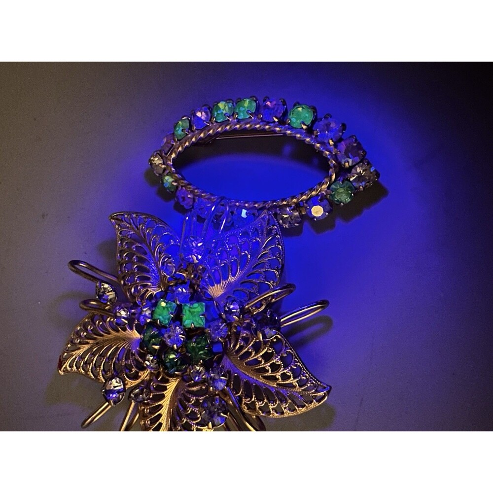 Vintage Uranium Glass Brooches AB stones Rainbow fruit salad glowing Jewelry pin